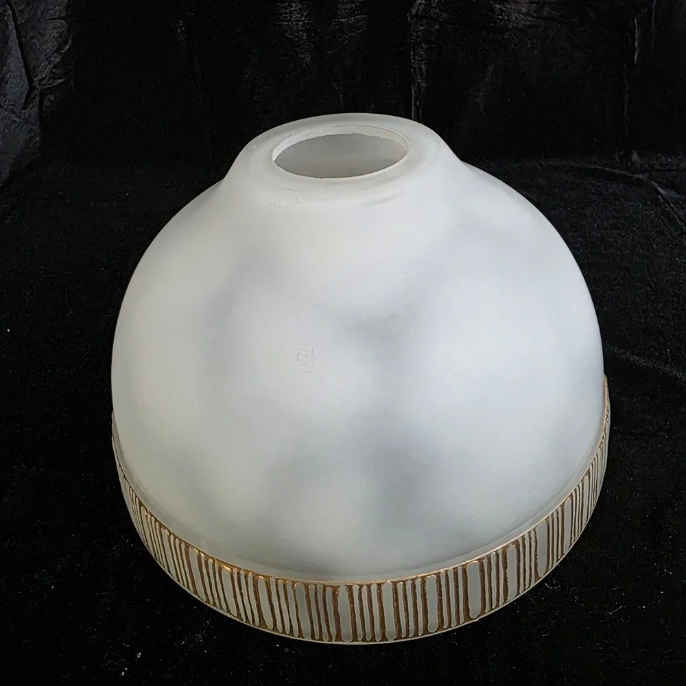 VTG MCM Pendant Frosted Dappled Glass Lamp Shade Gold Striped Band 1 5/8 Fitter